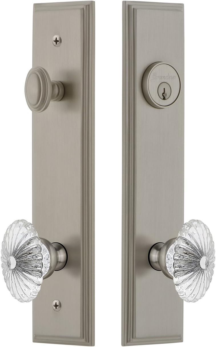Grandeur Hardware 840035 Carre' Tall Plate Complete Entry Set with Burgundy Knob, Backset Size - 2.75", Satin Nickel