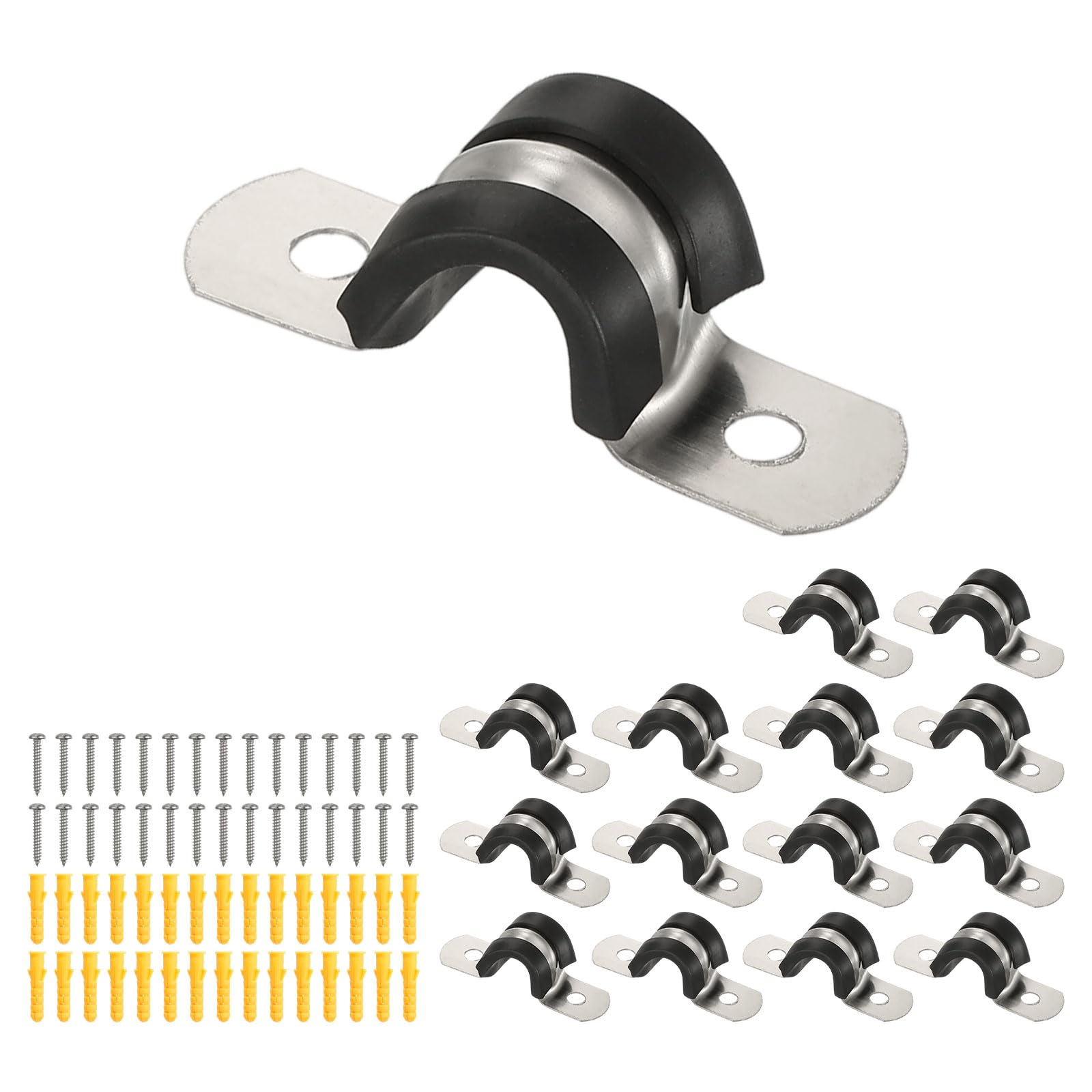 sourcing map 15 Pcs Pipe Strap Clamp, 10mm(0.39") Rubber Cable Clamp Rubber Cushioned 304 Stainless Steel U Bracket Tube Holder Support with Screws for Water Pipe HVAC Cable Management
