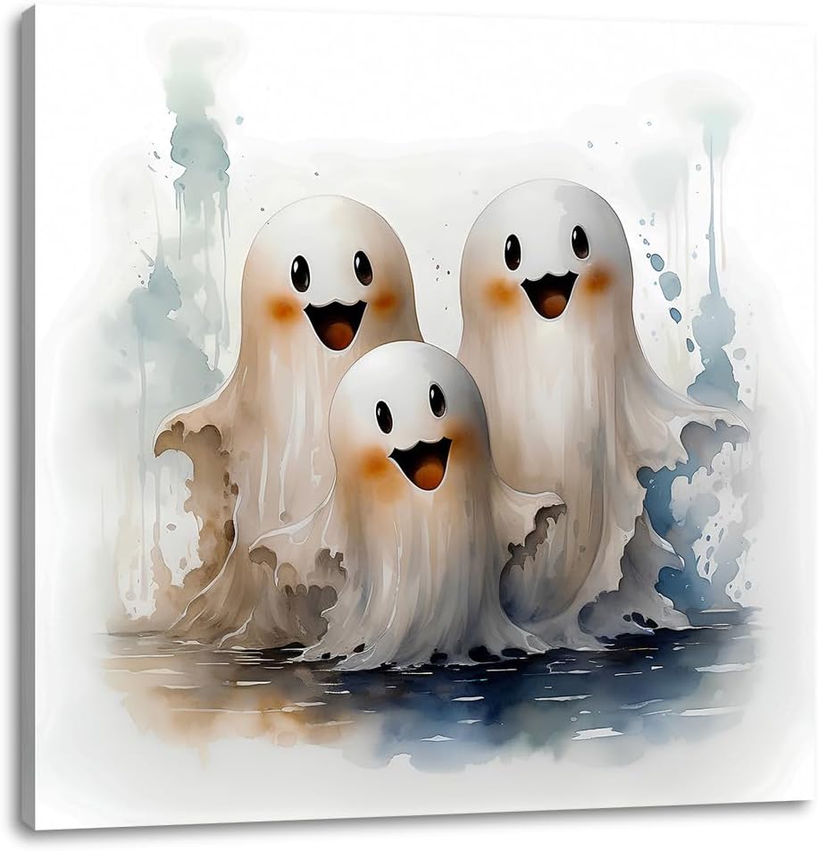 Daktenn Halloween Canvas Wall Art, Cute Floral Ghost In Haunted Forest Poster Halloween Wall Art, Funny Dark Romantic Ghost Print Decorations, Dark Academia Halloween Pictures Wall Decor Halloween Wall Decor14x14in White2 14L" x 14W" White2