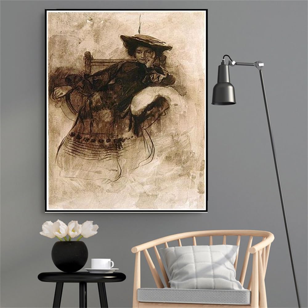 水彩画　「ブラックチェアの女」 Amazon | アルフォンス・ミュシャの絵画、肘掛け椅子に座る女性