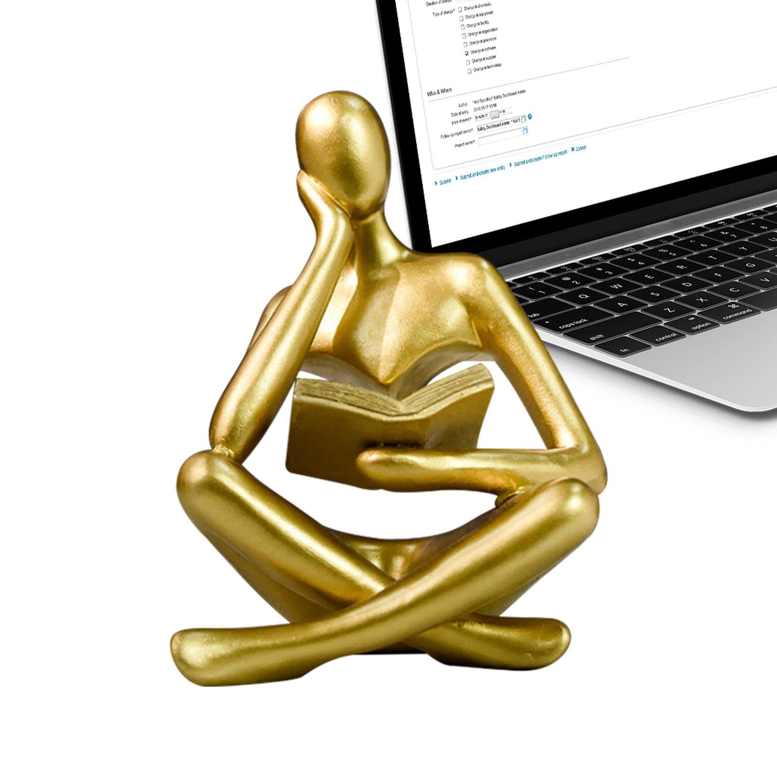 Anulely Zuo Si Reading - Gold Reading Statue Decor | Aesthetic Sculpture Room Décor - Golden Figurine Reading Book, Modern Home Decor For Living Room Bookshelf Shelf