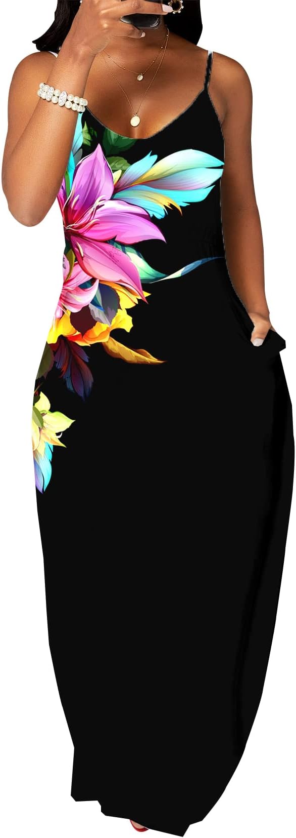 HannahZoneWomen's Sleeveless Casual Bohemian Floral Maxi Dress
