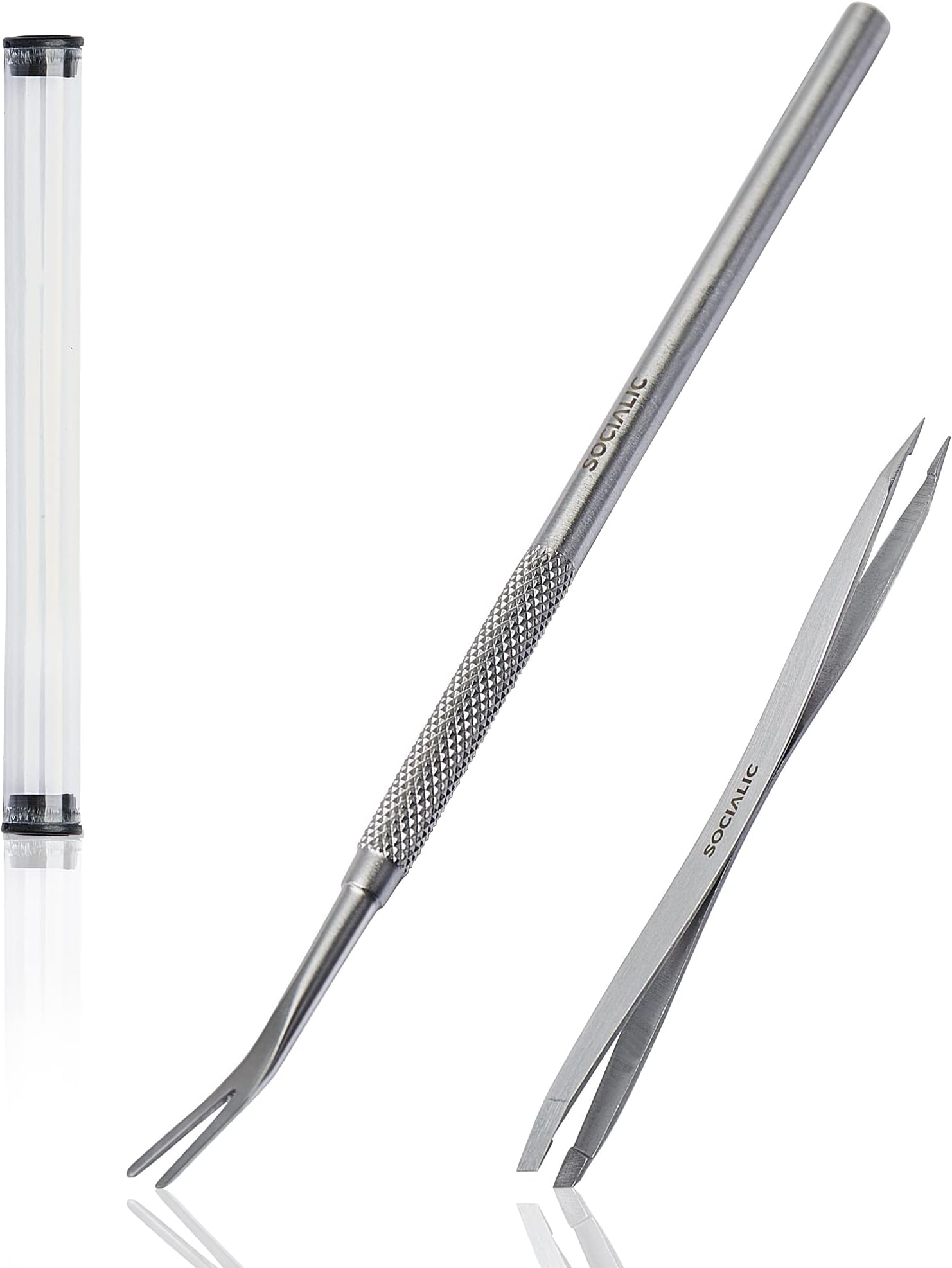 Original Socialic Dual-Tipped Tick Removal Tweezers and Tick Hook with Extra-Long Handle, Stainless Steel Premium Set - Tick Protection for Humans & Animals