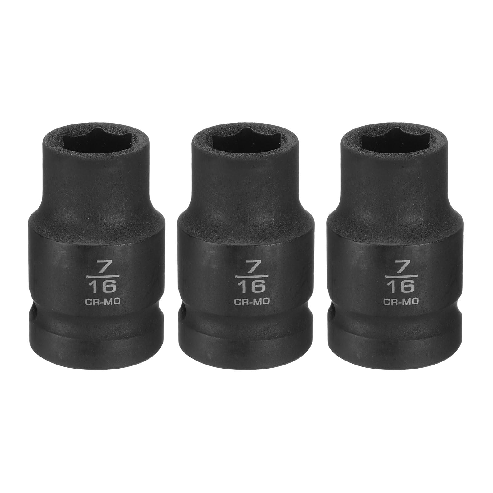 sourcing map 3pcs 6 Point Shallow Impact Socket 7/16" Socket 1/2" Square Drive 38mm (1.5") Long 40CRMO for Home Auto Axle Hex Nuts Bolts Repair, Black