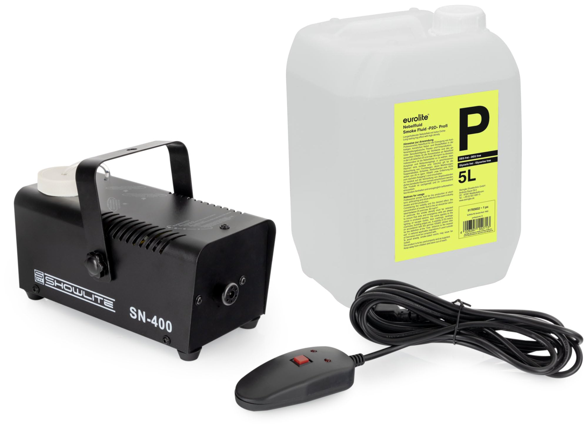 Showlite SN-400 Nebelmaschine 400W mit Fernbedienung und Nebelfluid (Nur 3 Minuten Aufwärmzeit, 40m³/min Nebelausstoß, 3,5m Sprühdistanz, 5L Nebelflüssigkeit inklusive) schwarz
