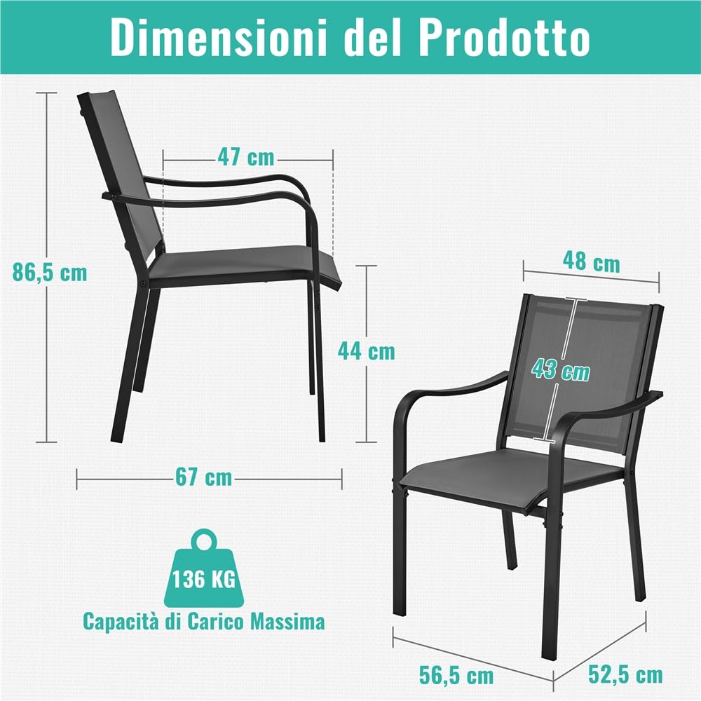 Yaheetech Set di Sedie da Esterno Impilabili con Schienale Braccioli Poltrona da Giardino in Tessuto Textilene per Terrazza Balcone Veranda Piscina Nero