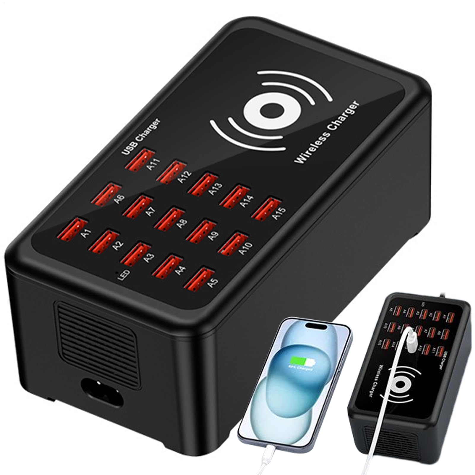 Wieloportowa Stacja Ładowania USB Przenośne Szybkie Ładowanie 15 Portów | Ładowarka USB z Wieloma Portami dla Telefonu do Podróży, Biura, Biurka, Akademika, Laptopa, Telefonu,