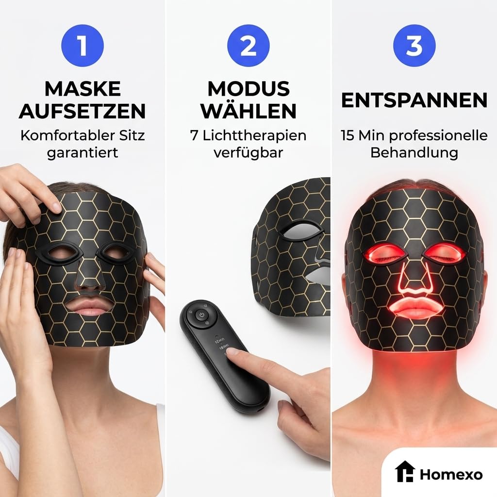 LED Gesichtsmaske Lichttherapie, Geprüfte Qualität, 7 Farben, 850nm NIR, Rotlicht für straffe Haut, Anti-Aging Beauty Maske mit Fernbedienung & Augenschutz
