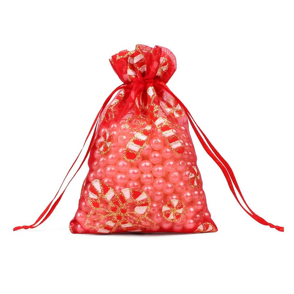 Lot de 100 Sacs en Organza de Noël 10 x 15, 13 x 18 cm, en Gaze, pour Bijoux, Emballage, Sacs Cadeaux en Organza pouvant être tirés
