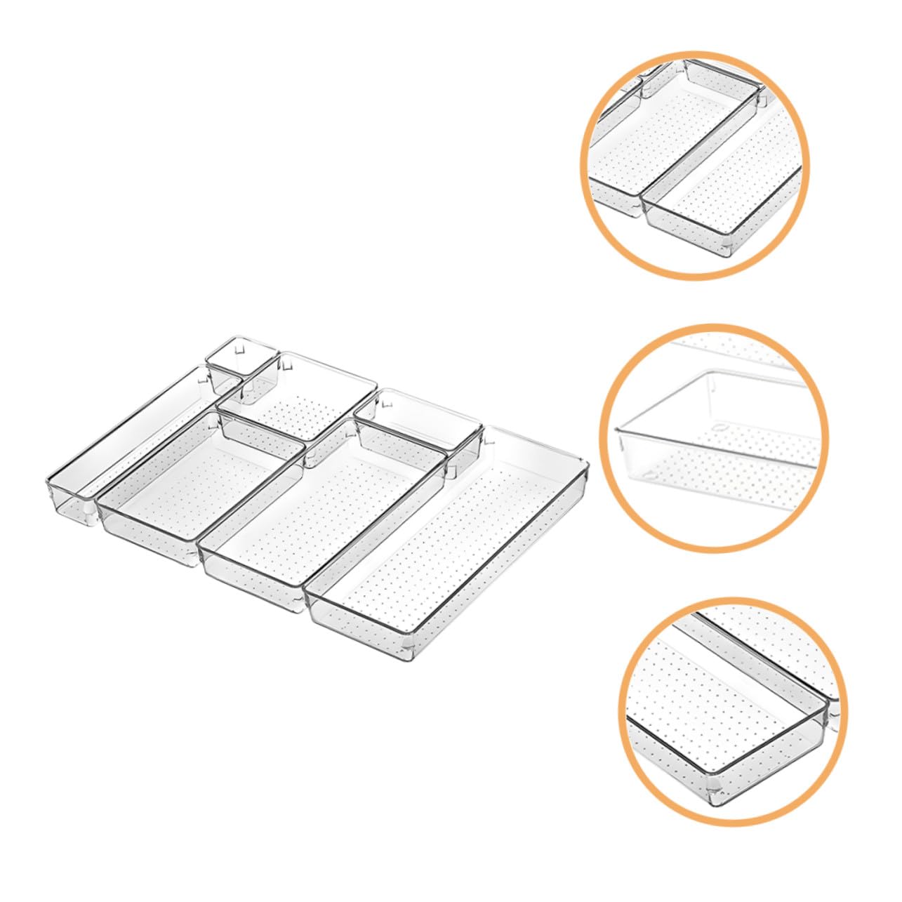 Veemoon Data [ Set Da 7 Contenitori Trasparenti Per Cassetti, Organizer Per Cassetti Da Trucco e Scrivania, Divisori a Griglia in Plastica Resistente Per Bagno, Cucina e Ufficio