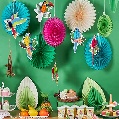 Image of Paper Jazz Tropical Parrot Party Decorations Hawaii Luau Hanging Paper Fans | Green Teal Color, Jungle /Tiki /Hawaii Birthday Decoration Includes 12Pcs Fans & Poms For Beach Summer Party, Luau Theme Party