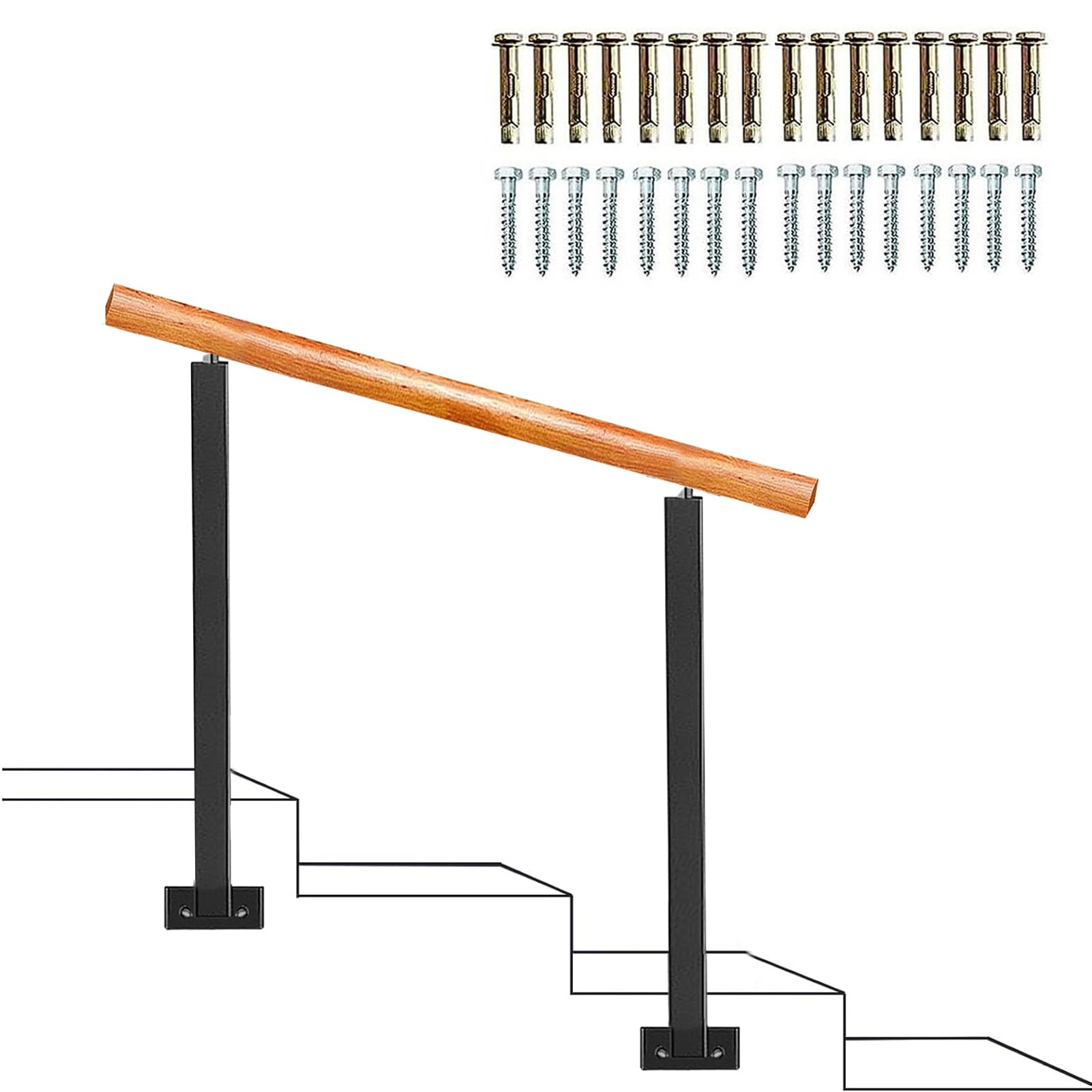 Wooden Handrail for 1-2 Steps Porch Railing Wrought Iron Step Handrail Grab Rail, Adjustable Slope, Wall Mounted Stair Banister Railing Metal Handrail for Outdoor Concrete Steps(Height 85cm,120cm/47in