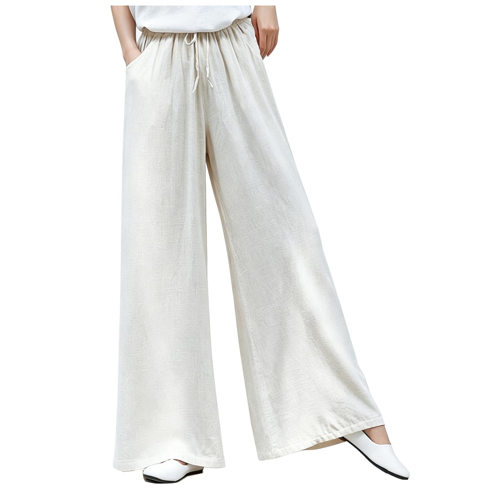Pantalon Large pour Femme, Pantalon Palazzo Fluide en Mélange Coton-Lin avec Poches, Taille élastique à Cordon de Serrage, Style Décontracté pour la Plage