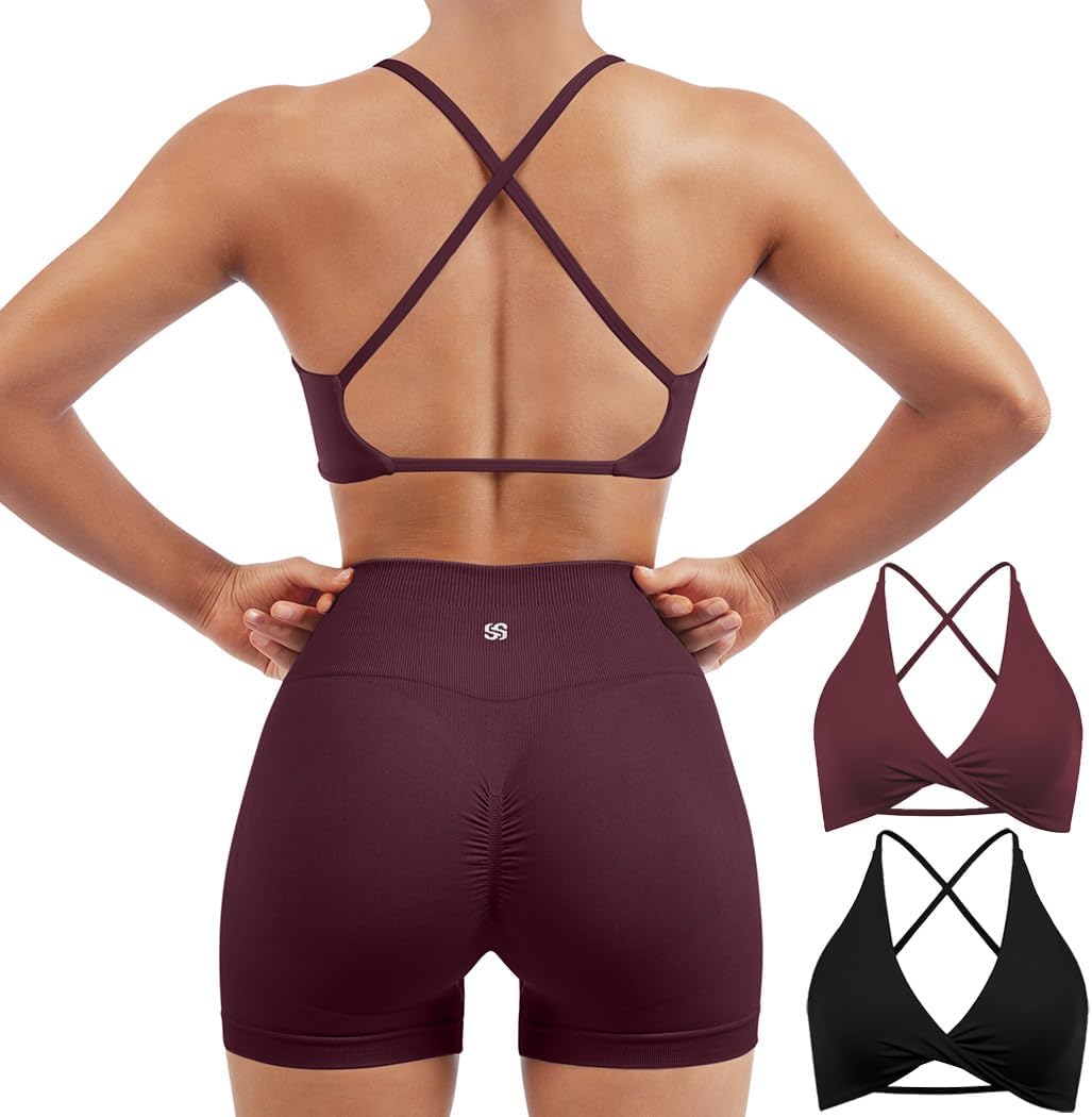 SUUKSESS Women 2 Piece Open Back Strappy Sports Bra Pack Twist V Neck Workout Crops