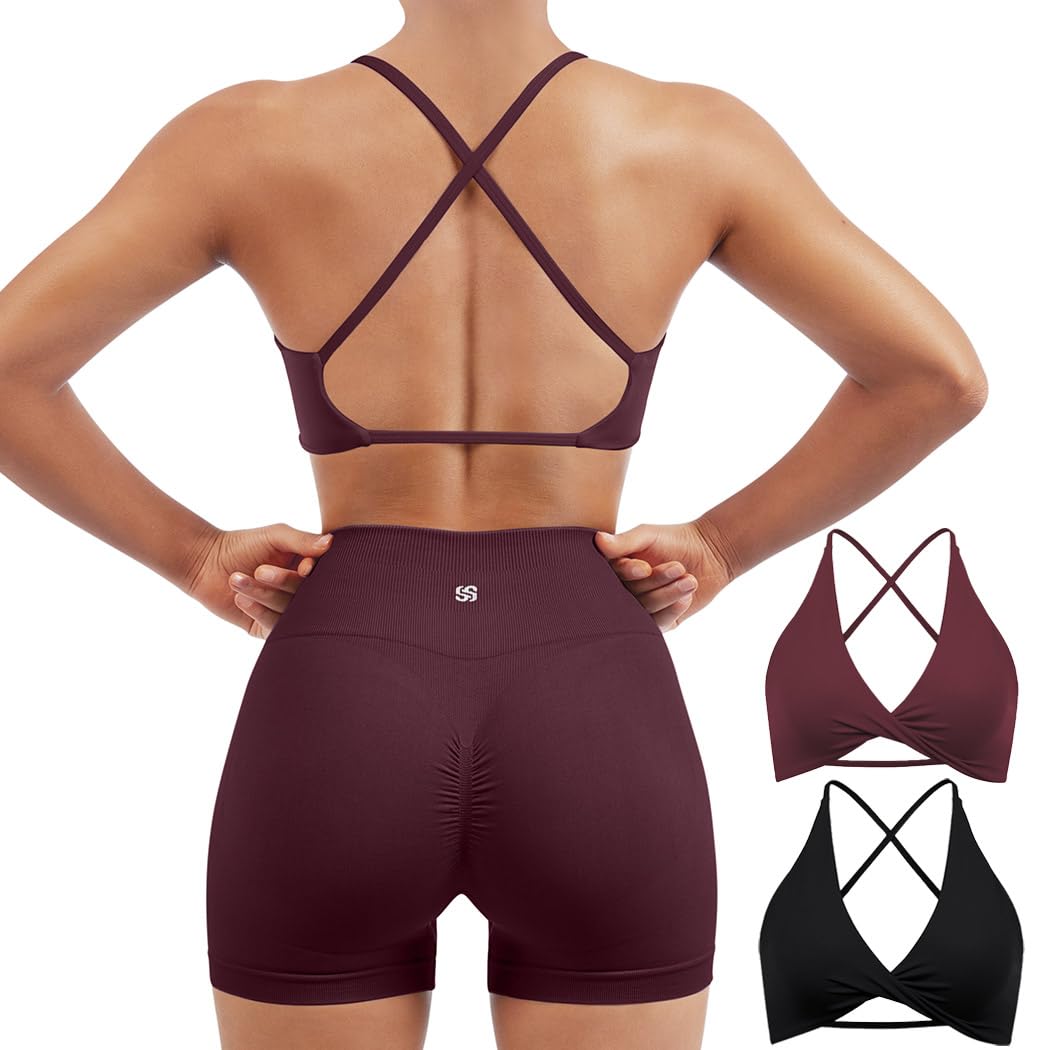 SUUKSESS Women 2 Piece Open Back Strappy Sports Bra Pack Twist V Neck Workout Crops