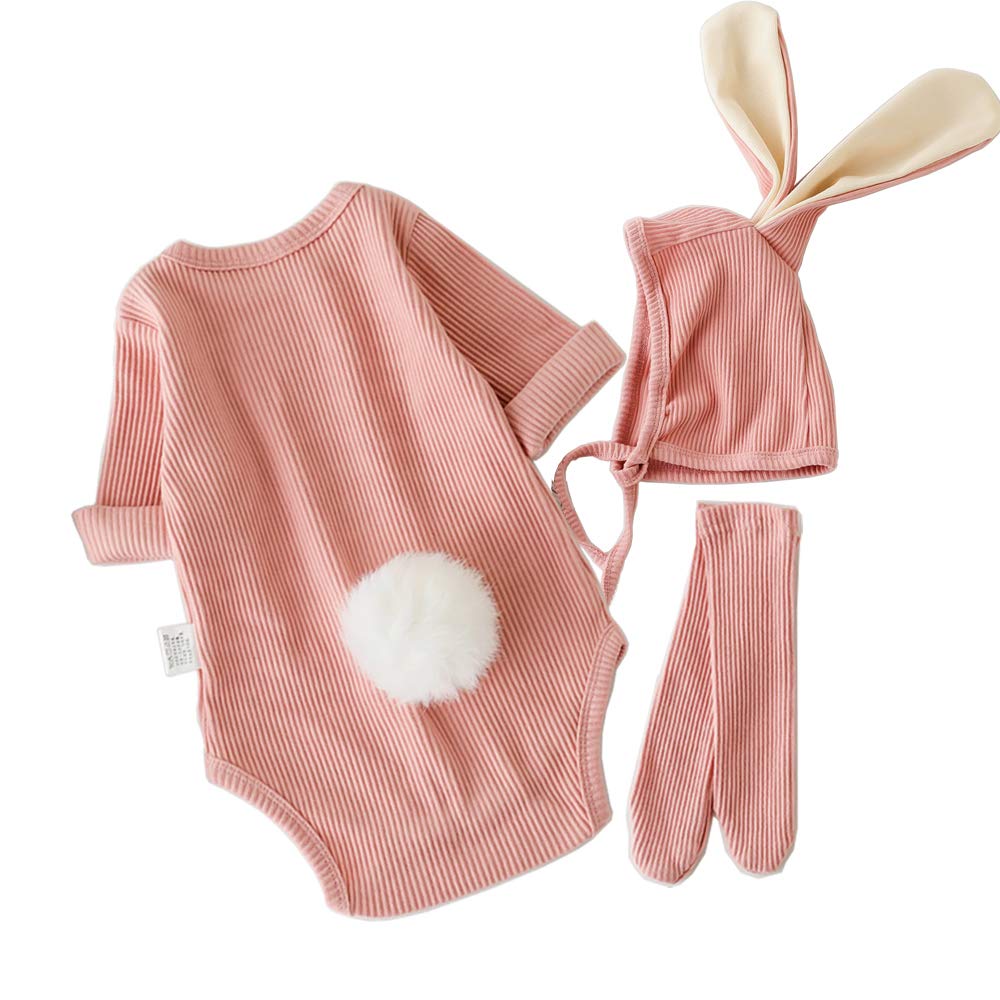 LNL Easter Outfits Baby Girls Boys Bunny Jumpsuit Bodysuit Romper Infant Newborn with Rabbit Hat Socks 3PCS Pink 12-18 Months