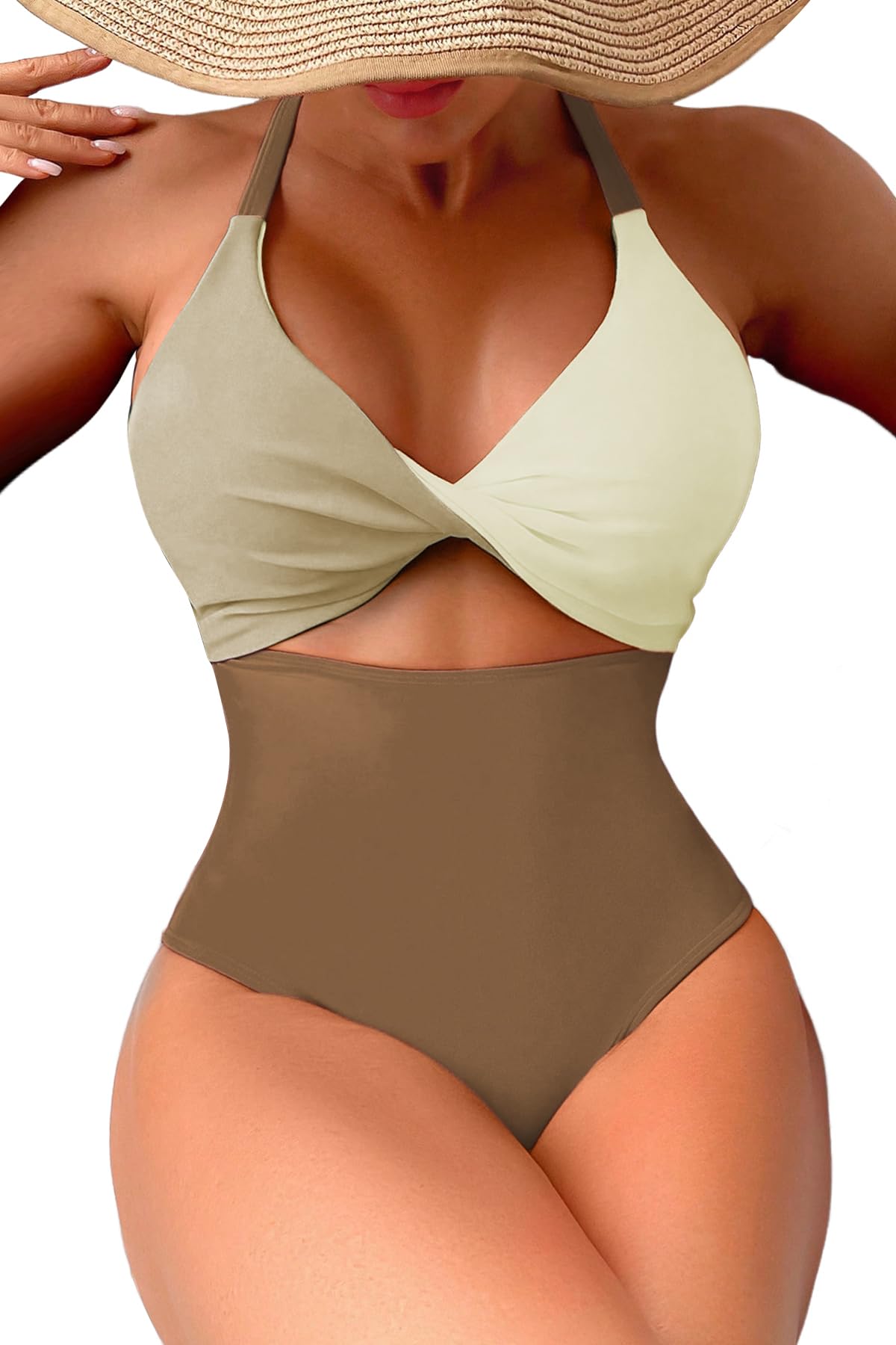 Leoparts Women's Color Block One Piece Swimsuit Sexy V Neck Twist Cutout Monokini High Cut Crisscross Back Bathing Suits