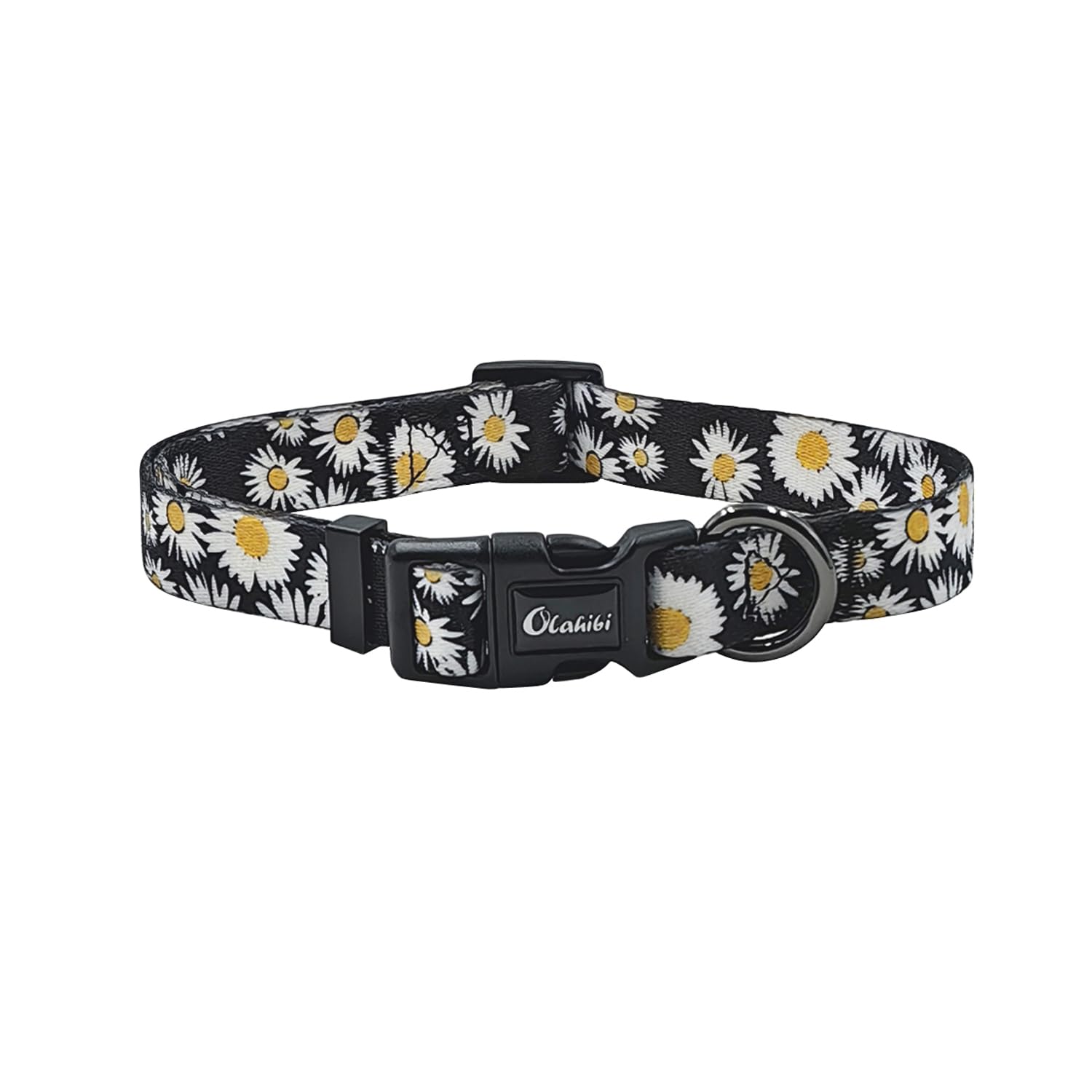 Olahibi Basic Dog Collar, Soft and Durable Polyester Material, Adjustable Length, for Large Dogs.(L, Black Daisy)