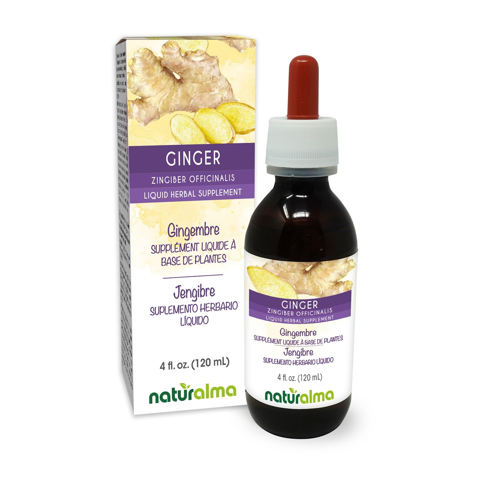 Naturalma Ginger (Zingiber officinalis) Rhizome Alcohol-Free Tincture - 4 fl oz Liquid Extract in Drops - Herbal Supplement - Vegan 4 Fl Oz (Pack of 1)