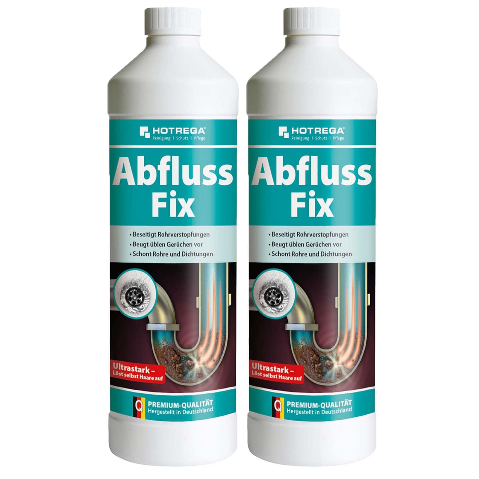 HOTREGA Abfluss Fix 2x 1 L Konzentrat | Rohrreiniger gegen Haare & Fett | Abflussreiniger für Dusche, WC & Küche | Wirkt schnell ohne Geruch | Schützt alkalibeständige Siphons & Dichtungen