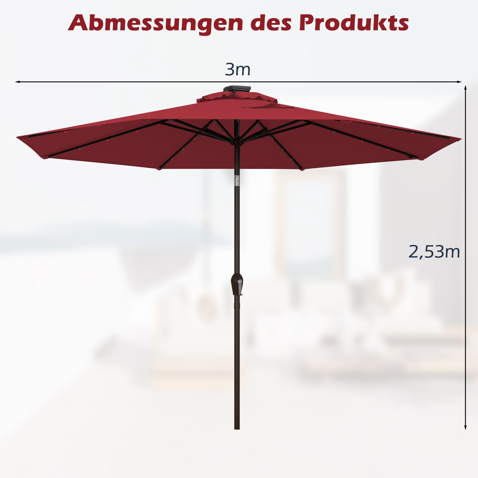 COSTWAY Parasol przeciwsłoneczny LED, Podstawa parasola nie jest dołączona, Ø 300 cm, z oświetleniem solarnym, parasol tarasowy, ośmiokąt, parasol z korbą, parasol plażowy, do zawieszenia