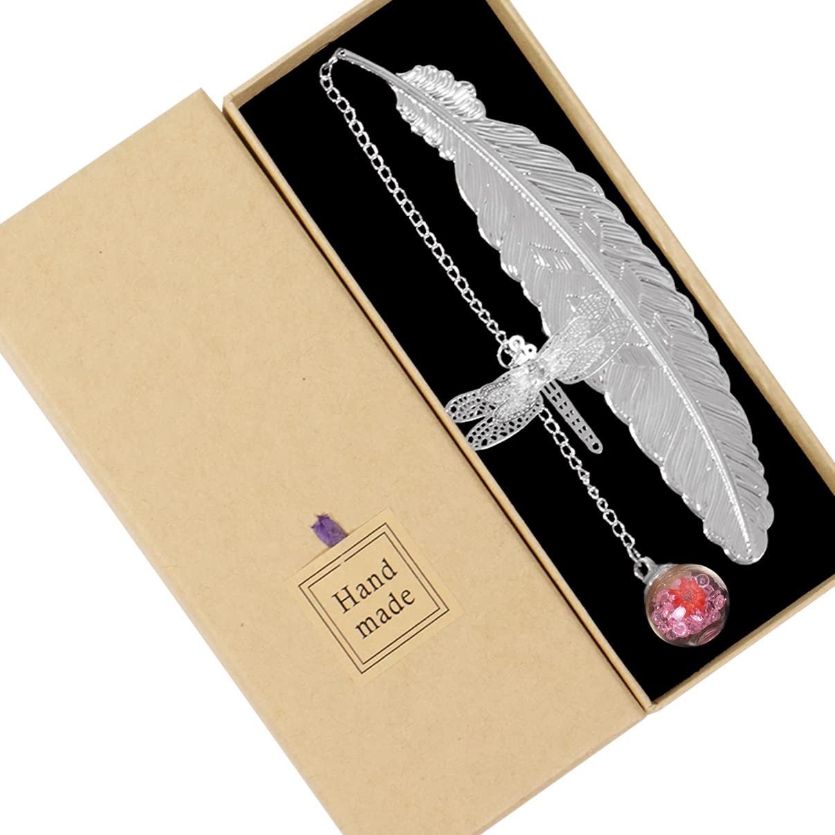 Nwvuop Metal Feather Bookmark with 3D Dragonfly Pendant, Silver Feather Pink Ball, Silver Feather Pink Ball(Red)