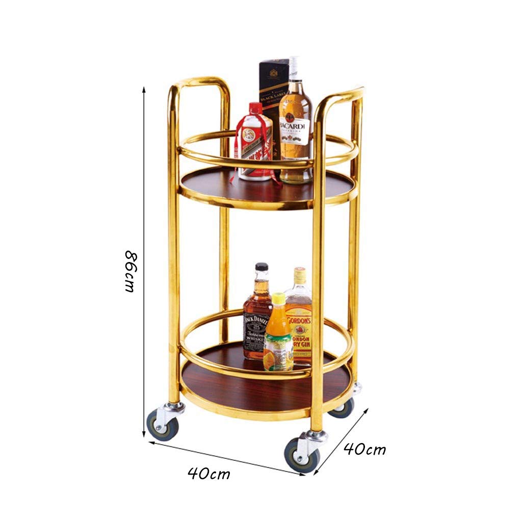 Carrito Especial Doble para Hotel de Acero Inoxidable/Carrito de Bebidas con Panel de Madera Maciza/Carrito de Servicio de Almacenamiento con Ruedas de Cuatro Ruedas/ 40X40X86CM Oro, Plata