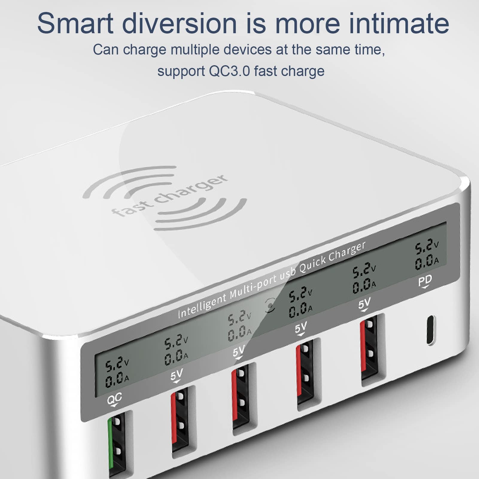 Septpenta Station de Charge Rapide 6 Ports 10 W, avec Écran LCD, Plusieurs Protections de Sécurité, Charge Plusieurs Appareils Simultanément, Chargeur Rapide sans Fil USB Portable(UE)