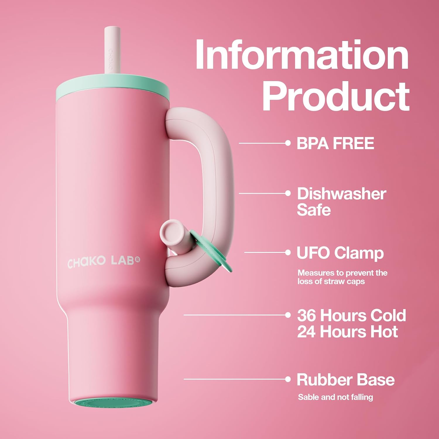 CHAKO LAB BaWang Insulated Stainless Steel Tumbler | Tumbler with Handle and Straw 33oz | Cup Holder Friendly for Travel | Leakproof Water Bottle | BPA-Free | Ceramic liner|Strawberry