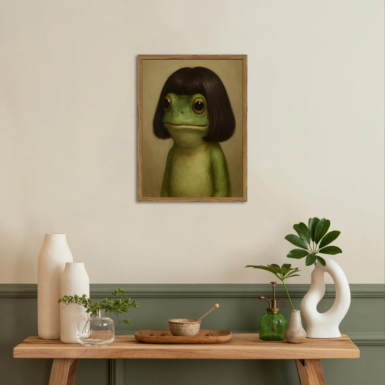 Funny Frog Wall Art, Whimsical Green Frog Wall Decor Painting Cute Animal Poster Canvas Prints Artwork for Living Room Bedroom Bathroom 12x16 inch Wood Framed - Image 5