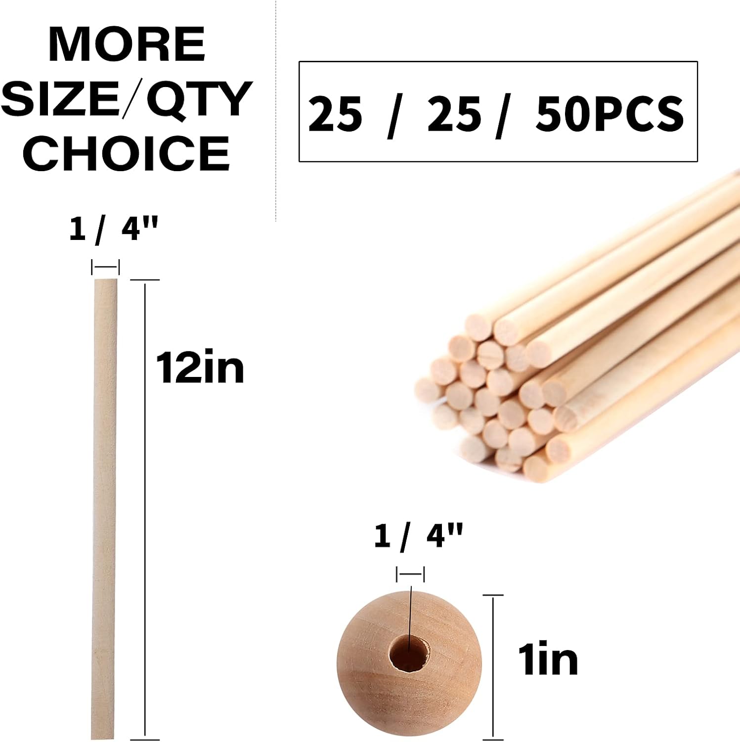 25PCS Wooden Dowel Rods and 25PCS Dowel Caps, 1/4" Diameter x 12" Length Cake Dowel Rods Wooden Lollipops and 1" Diameter with 1/4" Hole Wood Dowel Caps for Crafts and DIYers,Set of 50 - Image 2