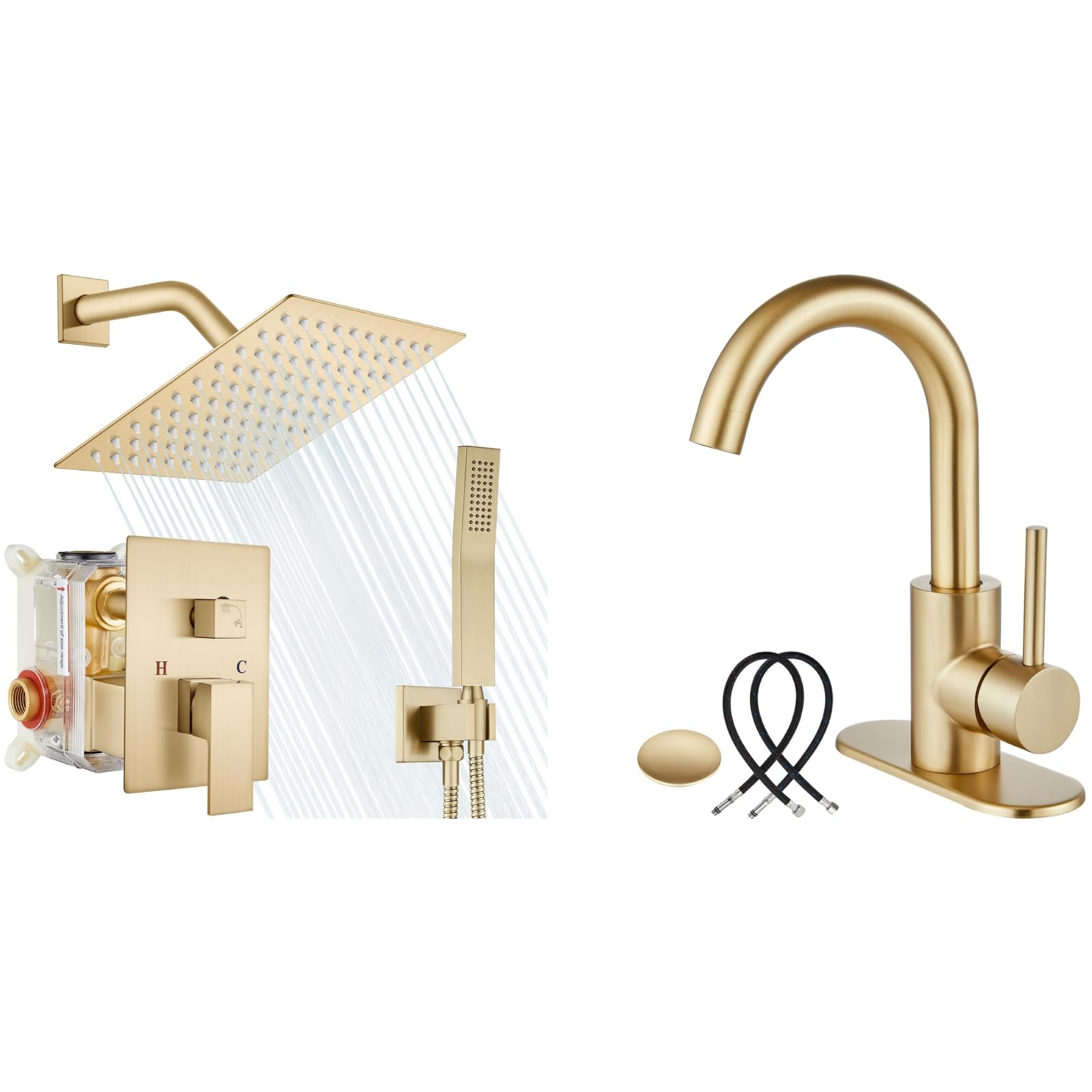 Hcfyauis Gold 8 Inch Brushed Rain Shower System Square Rainfall Showerhead With Brushed Wet Bar Sink Faucet Single Handle Bathroom Kitchen Faucet 1 Hole Faucet