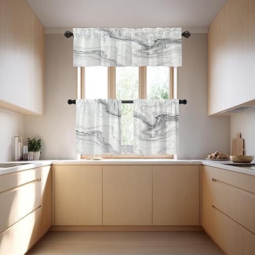 Miniatura 2 de BaoNews Cortinas opacas de mármol abstracto blanco y gris para ventanas, cenefas opacas de poliéster multicapa para cocina, paquete de 2 unidades,