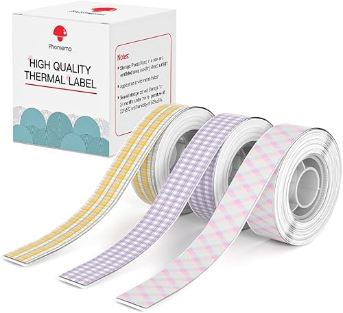 Phomemo Cinta de etiquetas continua D30, color negro en la rejilla de picnic, cuadrícula poi, papel térmico largo de cuadrícula rosa, cinta adhesiva