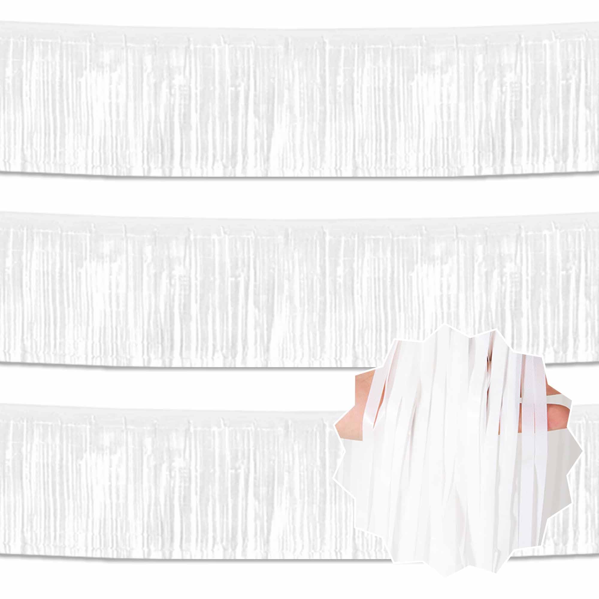 3 Pack 10 Ft Macaron White Foil Fringe Garland Metallic Streamers Tinsel Banner Wall Hanging Garland Backdrop for Parade Floats, Halloween, Christmas,