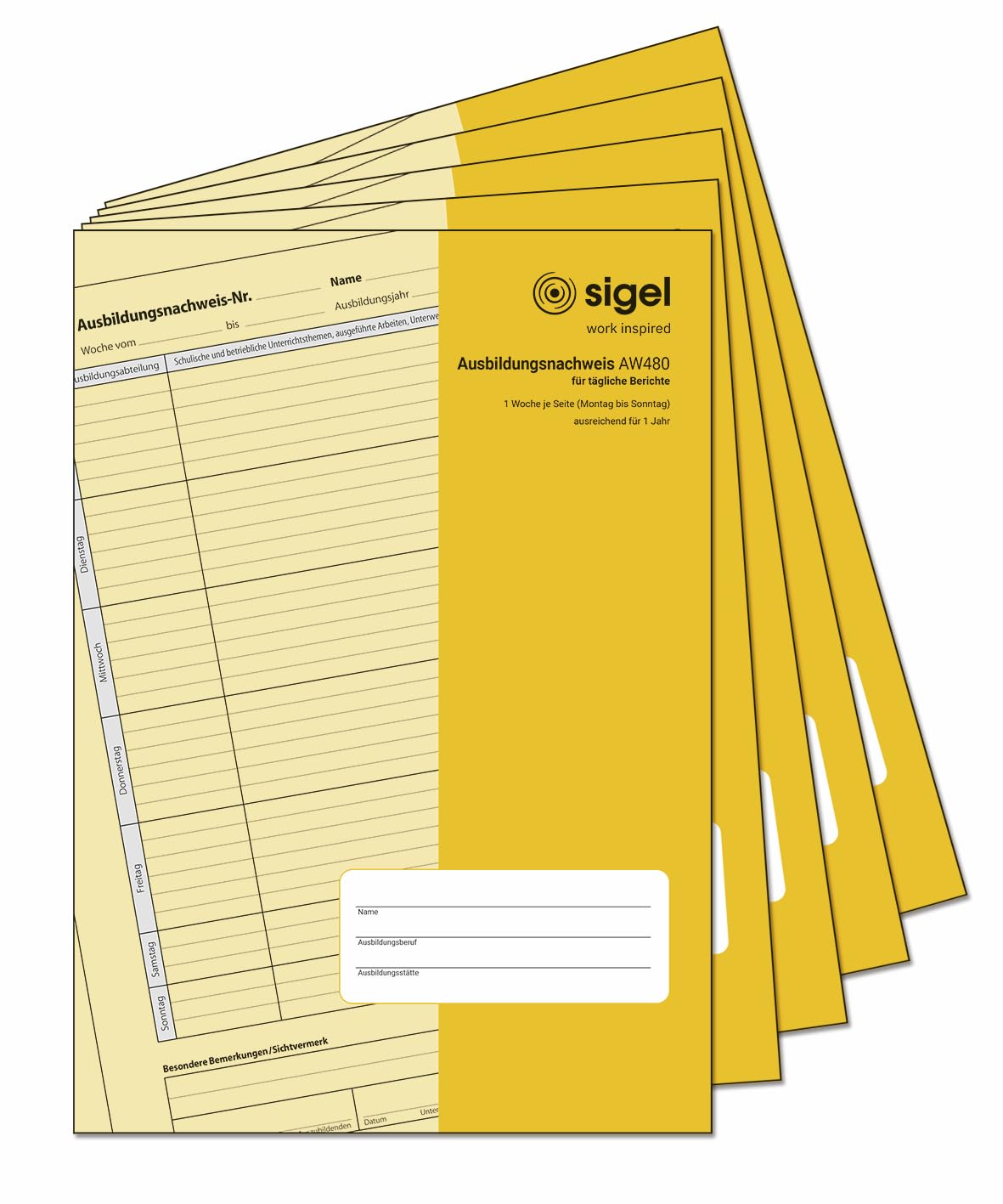 SIGEL AW480/5 Training Report Book for Daily Registrations, Pack of 5, DIN A4, 28 Sheets / 56 Pages, 1 Week at a Glance on 1 Page, Enough for 1 Year