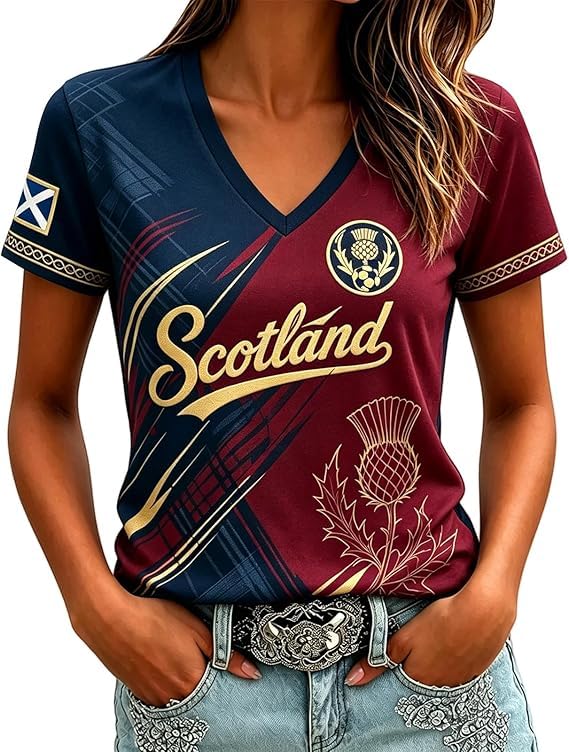 Scotland Fan Football Shirt Womens World Cup 2026 Short Sleeve Jersey Retro Graphic Printed V-Neck England Football Top Ladies Scotland T-Shirt Lightweight Fashion Summer Sports Clothing