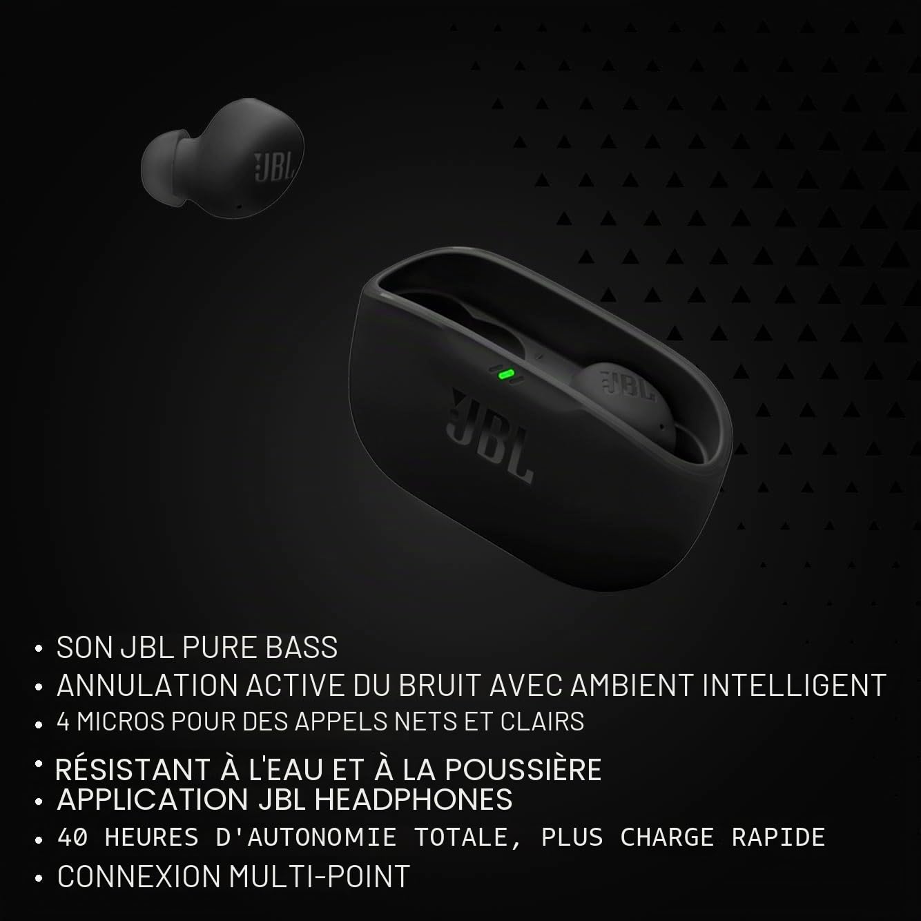 JBL Vibe Buds 2 – Écouteurs Bluetooth sans fil avec suppression du bruit – Noir – JBLVBUDS2BLK