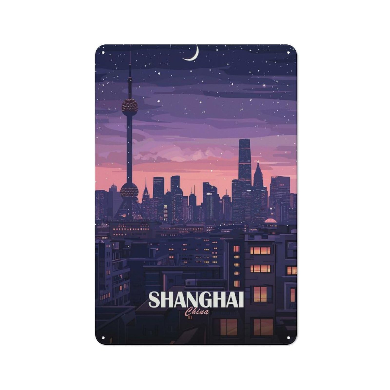 Junmoney Shanghai China Cityscape At Night Tin Wall Plaque 30X20cm With For Studio Or Craft Room, Suited To Craft Room Decorators
