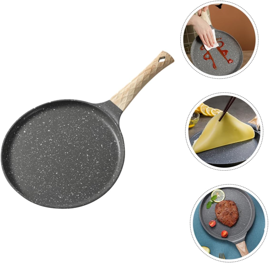 HEALLILY Nonstick Crepe Pan Handle Aluminum Alloy Flat Skillet for Pancakes Tortillas and Pizza Induction Compatible 10-inch Cooking Surface