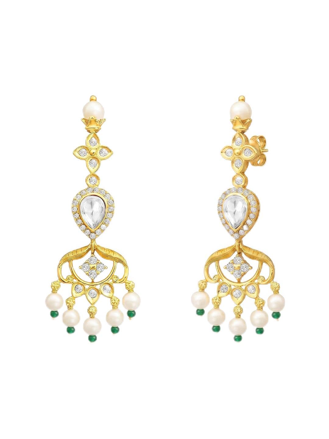 18KT Gold Plated Kundan Pearl Drop Earrings for Women | Traditional Chandbali Style Long Dangler Earrings with American Diamonds & Green Beads | Wedding Festive Jewellery-image-47