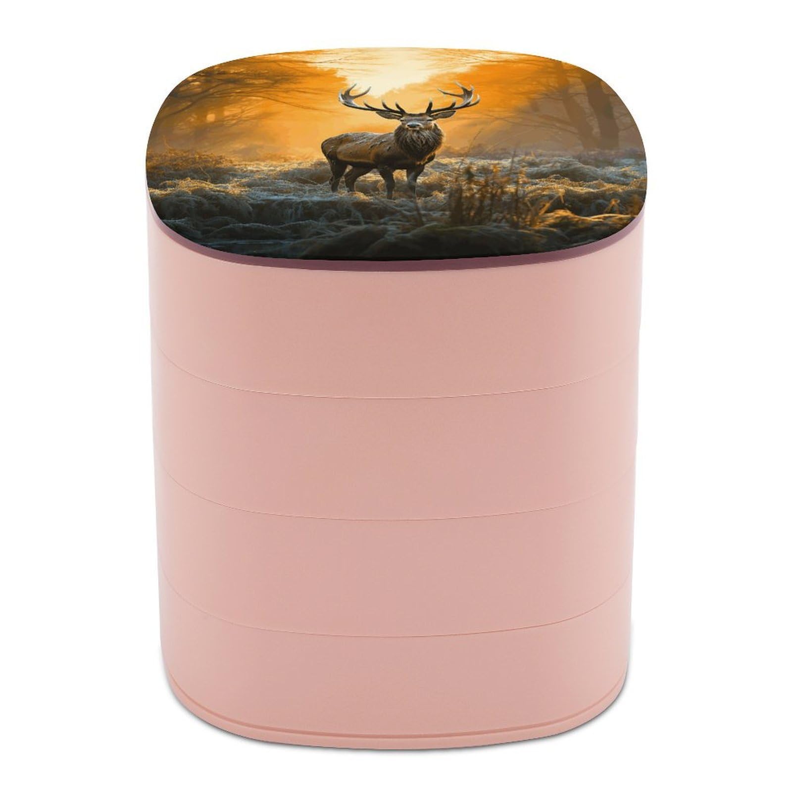 VstaDank Deer in Forest Jewelry Organizer Small Travel Earring Storage Box with Mirror 4-Layer Rotating Travel Jewelry Tray Case with Lid Large Capacity Jewellery Holder Case