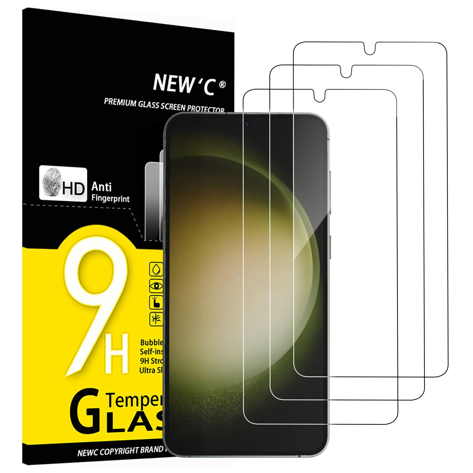 NEW'C 3 Pack for Samsung Galaxy S23 Plus / S23+ Tempered Glass Screen Protector Film No Float, Super Durable 9H Hardness, Bubble FreeGlobal Recycled StandardGlobal Recycled StandardGlobal Recycled Standard