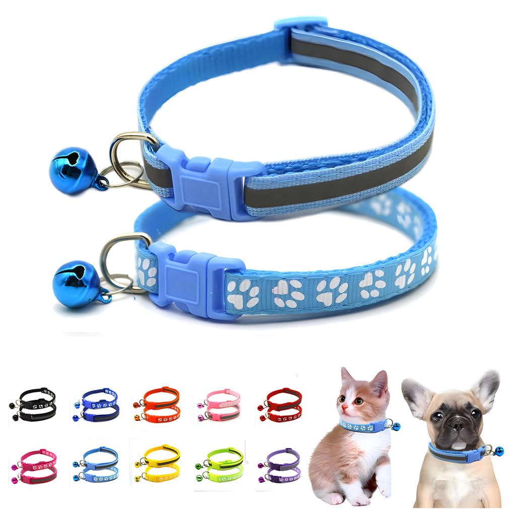 Puppy Collar with Bell,2-Pack Basic & Reflective Cat Collar Bells for Dog Collar for XXS Xs Small Tiny Boy Male Dogs Pet Kitten Animal,Light Blue XS