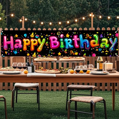 Image of Nuxovilar Happy Birthday Neon Black Banner 79x18in Polyester Backdrop