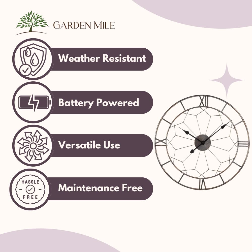 Garden Mile Horloge murale ronde de 60 cm avec chiffres romains pour intérieur et extérieur, grande horloge murale de jardin avec horloges de jardin, horloges de cuisine étanches pour salon