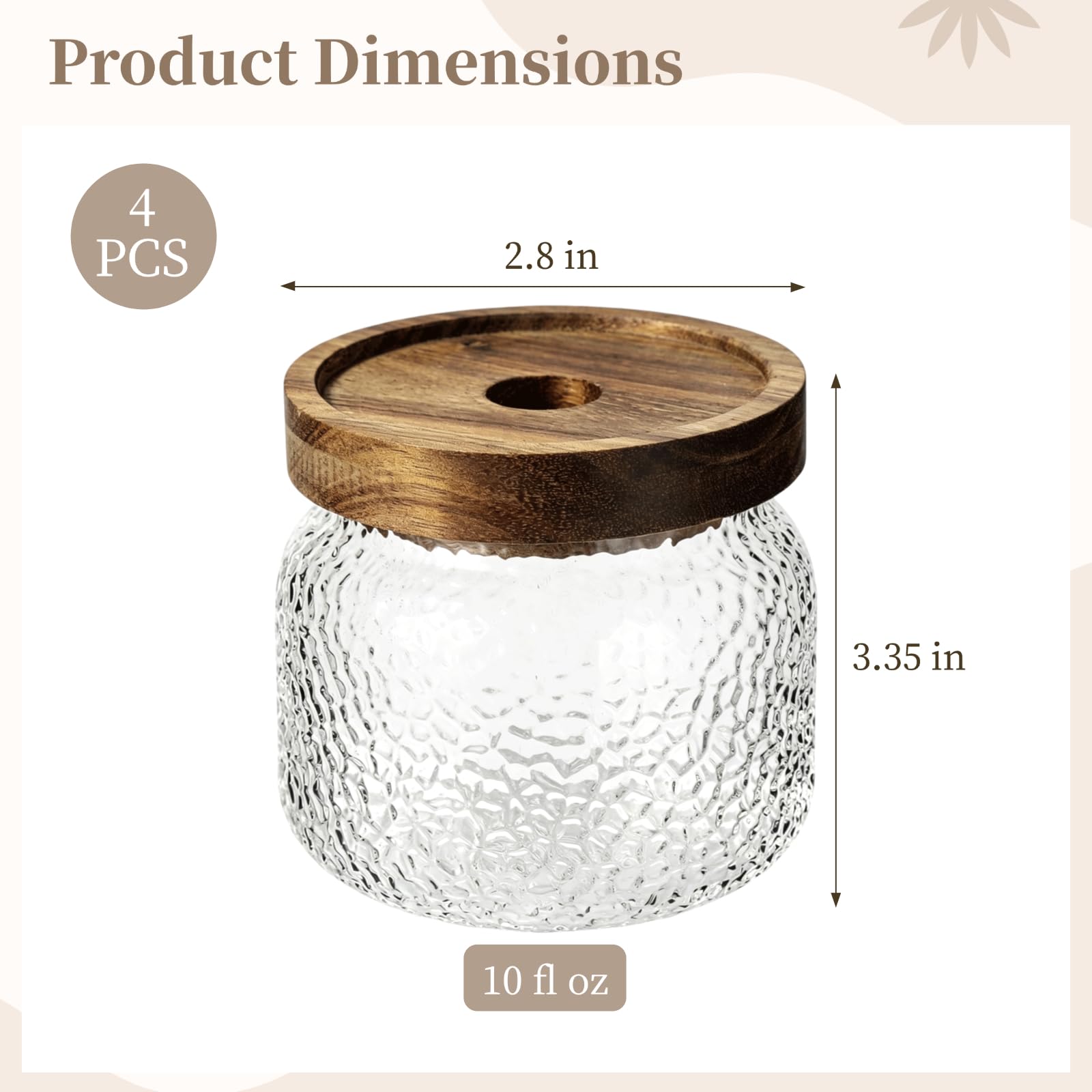 4 Stk. Vorratsgläser aus gehärtetem Glas mit Holzdeckel, 10 Fl Oz je Glas, luftdicht, gehämmerte Struktur, transparent, für Kaffee, Tee, Gewürze, Getreide, Küche, Wohndekoration