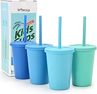 Mfacoy 4-Pack 10oz Wheat Straw Unbreakable Kids Cups with Lids & Straws - BPA-Free, Dishwasher & Microwave Safe Tumblers