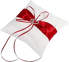 Tyenaza Ringkissen Hochzeit, 20cm × 20cm Rot Seidenband Ringkissen Hochzeit Romantisches Kissen mit Bowknot Doppelten Herzen Dekoration Braut Hochzeits Ringkissen Deko Vintage