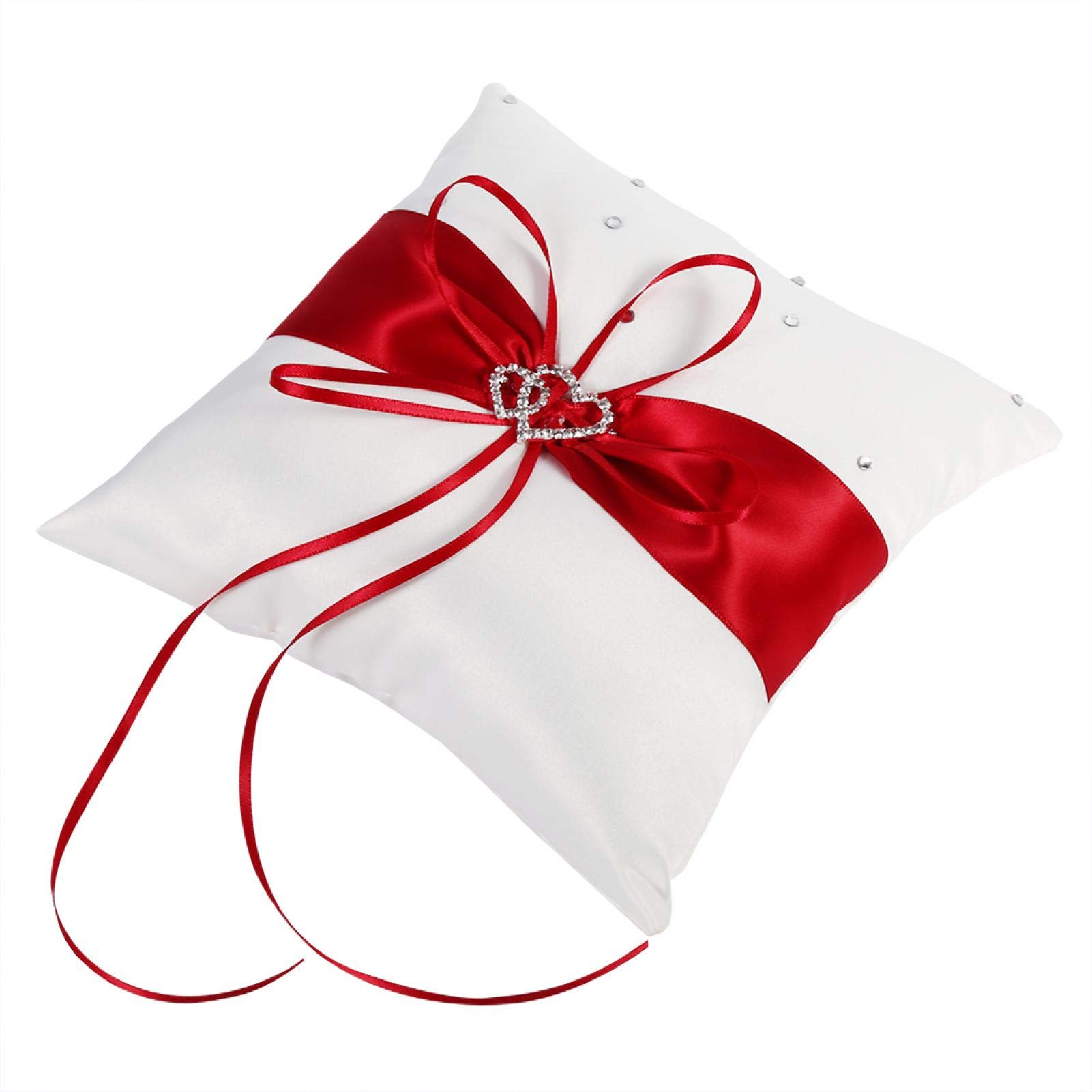 Cuscino per Fedi Nuziali, Cuscino per Fedi Matrimonio, 20 * 20cm Cuscino per Anello Nuziale con Fiocco in Raso con Diamanti a Doppio Cuore per Accessori per Matrimonio (Rosso)